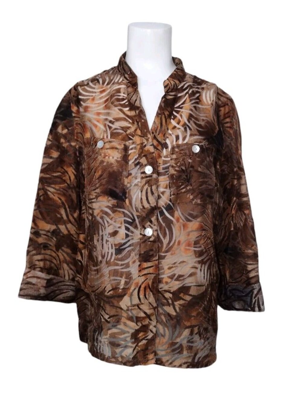 Ruby Rd Linen Blend Burnout Floral Button Up Top 10 Roll Tab Sleeves Fall